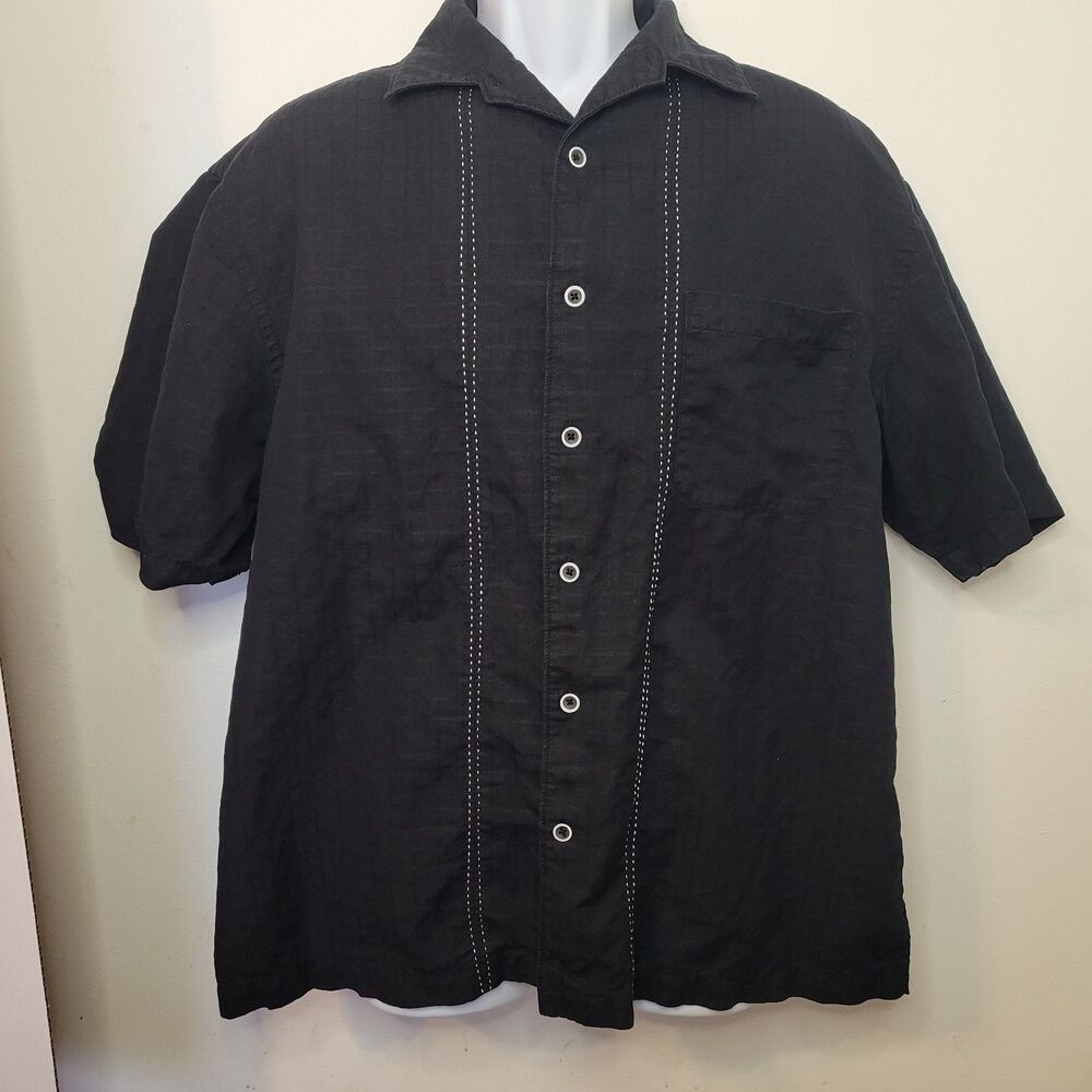 Pronto Uomo Men’s Large Black Linen Cotton Button Front Short Sleeve Shirt